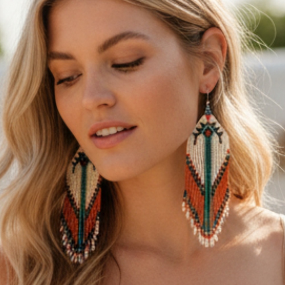 Beaded Fringe Earrings Boho Native American Inspired Statement Jewelry Tan Cream
